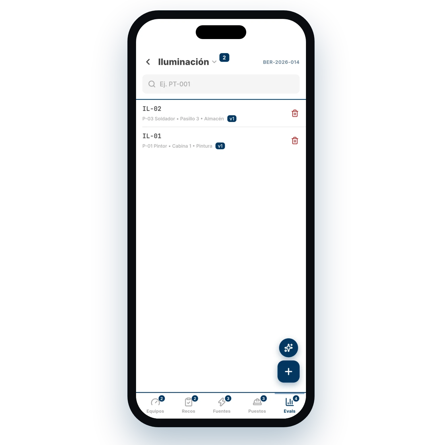 Selector de tipos de evaluación en la aplicación