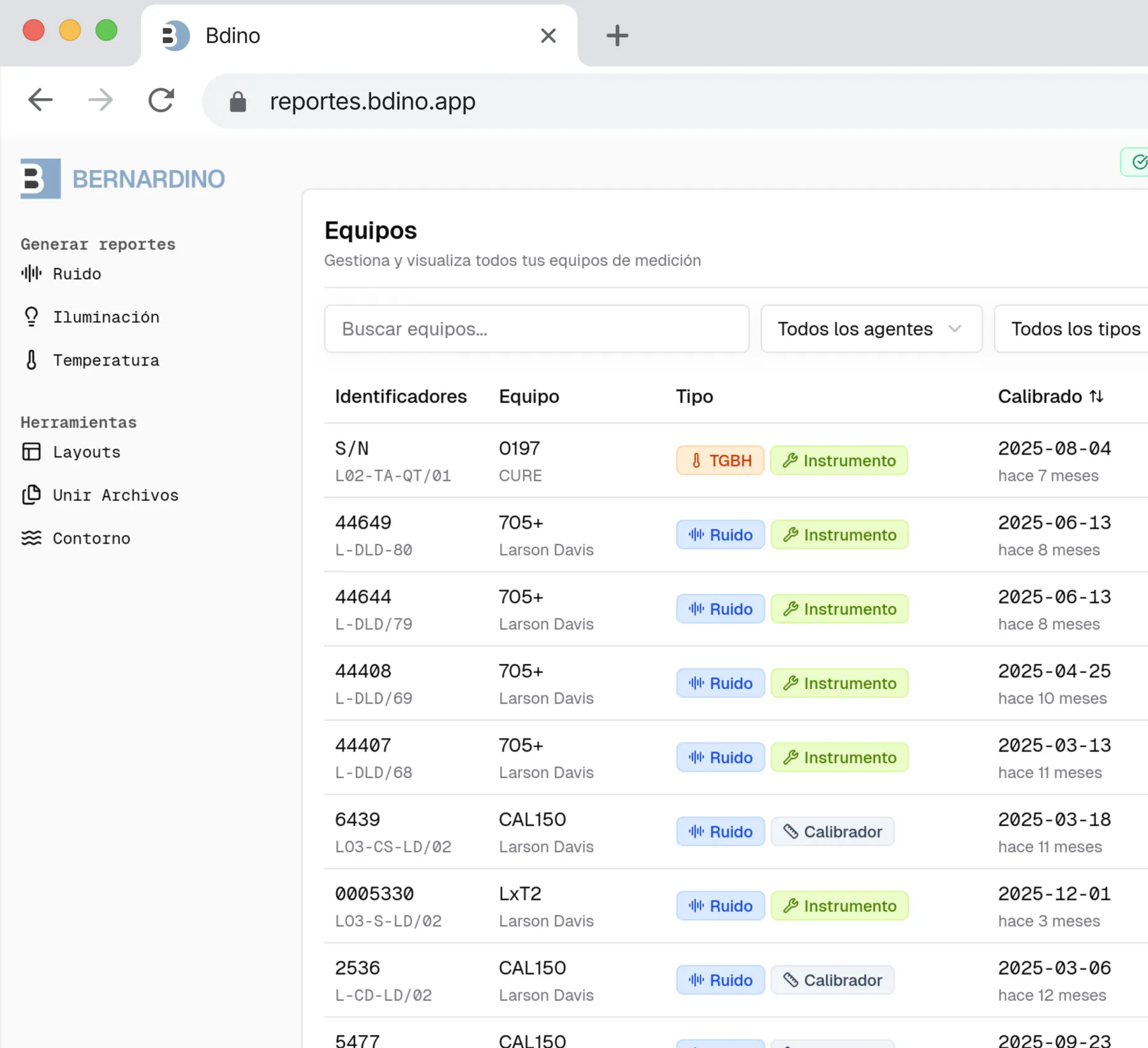 Tablas de equipos generadas por el motor de reportes